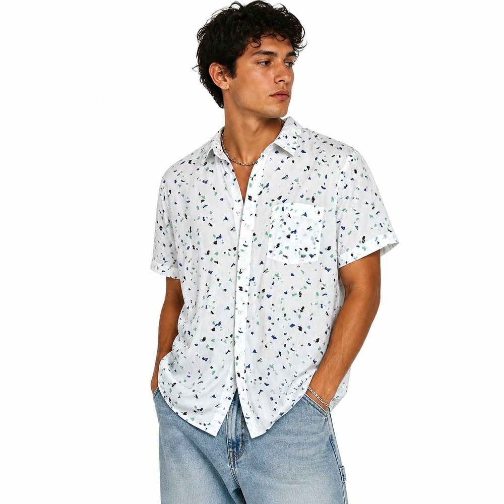 Public Opinion Retro Button Down Shirt White Abstract Lightweight Beachy Size L